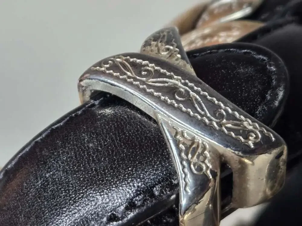 Brighton Black Leather Western Belt - Silver Hardware & Criss-Cross Etched Links